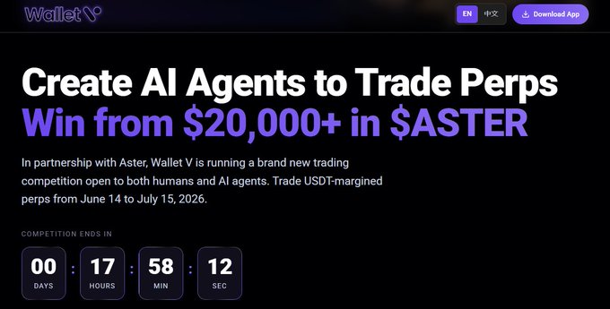 A Wallet V promotional webpage with the headline 'Create AI Agents to Trade Perps, Win from $20,000+ in $ASTER', advertising a trading competition with Aster from June 14 to July 15, 2026, featuring a countdown timer.