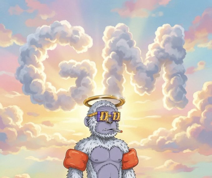 A digital illustration of a gray monkey-like figure with a gold halo, smoking a cigar, wearing orange gloves and sunglasses that read 'DAD', standing beneath clouds spelling 'GAH' at sunset.