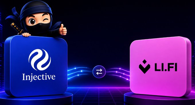 3D-rendered promotional graphic showing a cartoon ninja character peeking over a blue 'Injective' blockchain block, connected by a glowing bidirectional arrow to a pink 'LI.FI' block.