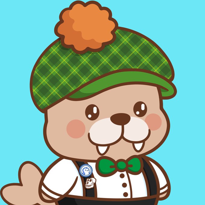 A cartoon illustration of a cute animal character wearing a green plaid cap with an orange pom-pom, a white shirt with a green bow tie, and black suspenders, waving its hand against a turquoise background.