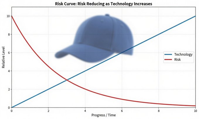 The image displays a "Risk Curve: Risk Reducing as Technology Increases" graph, plotting two lines from 0 to 10 on the Relative Level axis—Technology (blue) rising linearly while Risk (red) decays exponentially—overlaid on a faded baseball cap logo. It visually reinforces the post's claim about $QUBIC by illustrating the inverse relationship between technological advancement and investment risk.
