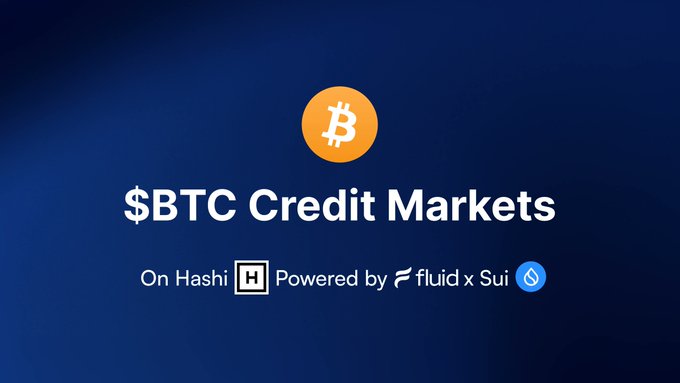A promotional graphic featuring the Bitcoin logo with the text "$BTC Credit Markets" and "On Hashi | Powered by Fluid x Sui" against a dark blue gradient background, announcing Fluid's partnership with Sui's native Bitcoin finance primitive Hashi to bring capital-efficient credit markets for institutional use.