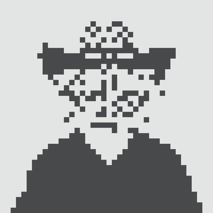 Pixel art portrait of a figure wearing a wide-brimmed hat, rendered in black, white, and gray tones.