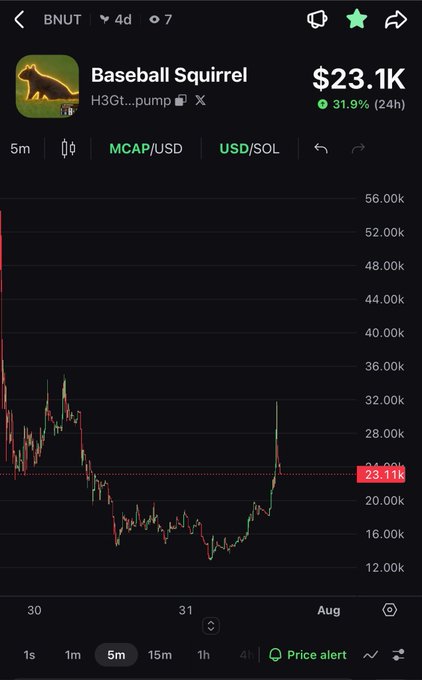 Trading app screenshot showing the token BNUT ('Baseball Squirrel') with a market cap of $23.1K, up 31.9% in 24 hours, displayed on a 5-minute candlestick chart.