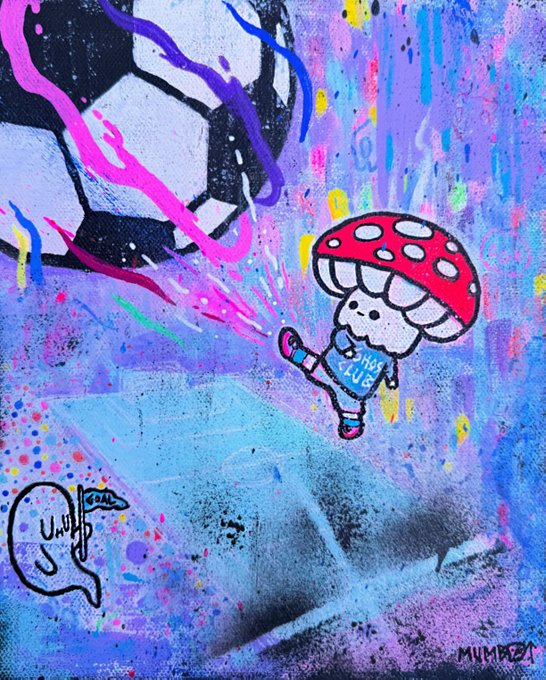 A colorful street art/mixed-media piece featuring a cartoon mushroom-headed character with 'SMALL CLUB' on its shirt, floating near a soccer ball against a purple and blue splatter background, signed 'MUMBZY'.