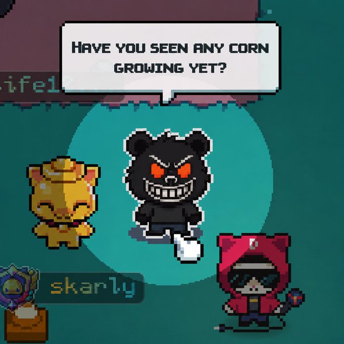 A pixel art game screenshot featuring a menacing black bear character with red eyes asking 'HAVE YOU SEEN ANY CORN GROWING YET?' near a username 'skarly'.