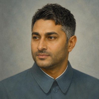 A painted portrait of a man with short dark hair featuring grey streaks, wearing a dark blue collared shirt.