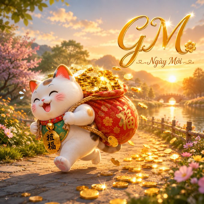 A festive 3D-rendered illustration of a cute white Maneki-neko (lucky cat) carrying a red bag overflowing with gold coins, with golden text 'GM Ngày Mới' (Good Morning) against a sunrise landscape background.