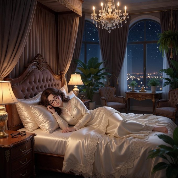 A woman with glasses sleeping peacefully in an ornate bed in an elegant bedroom at night, featuring a chandelier and large arched windows.