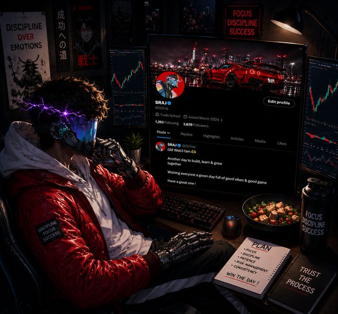 A digital artwork depicts a person in a red jacket and futuristic helmet sitting at a desk with multiple monitors showing stock charts, a Twitter profile for '@SRAJ' (@SrxSraj), a salad bowl, and motivational signs reading 'FOCUS DISCIPLINE SUCCESS'.