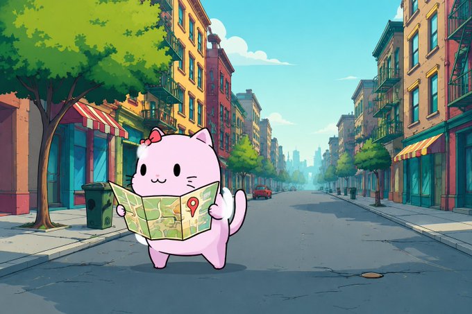 An illustration of an adorable pink cartoon cat holding a map while standing on a colorful city street.