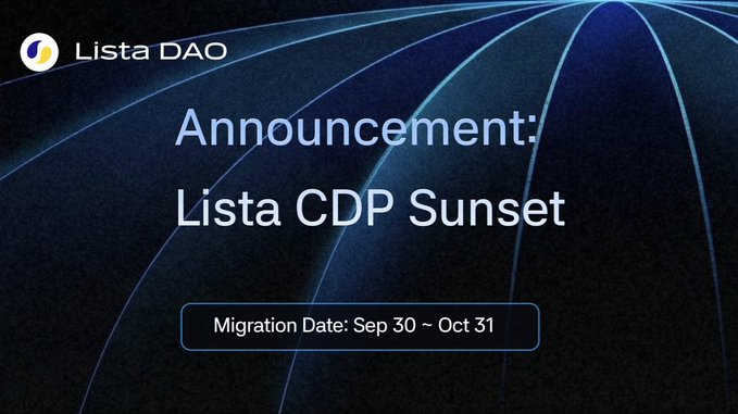 A Lista DAO announcement graphic with the text 'Announcement: Lista CDP Sunset' and 'Migration Date: Sep 30 ~ Oct 31' against a dark blue background with curved lines.