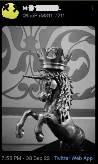 A silver unicorn statue wearing a crown, posted by “Mr Pool” (@looP_rM311_7211). The tweet includes “Operation Unicorn XRP Mr Pool 9/8” and is timestamped “7:55 PM · 08 Sep 22,” linking the unicorn imagery to an XRP operation or project.
