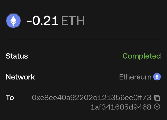 A completed Ethereum transaction showing -0.21 ETH sent to address 0xe8ce40a92202d121356ec0ff731af341685d9468. The transaction hash in the post matches this wallet activity, with the sender's playful message "spoder iz luv u. we r all degen" accompanying the ETH transfer.