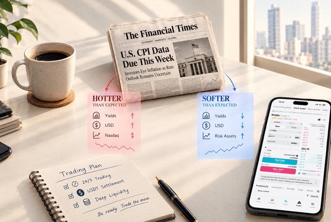 Desk scene with Financial Times newspaper headline 'U.S. CPI Data Due This Week', coffee cup, trading plan checklist, and a phone displaying a crypto trading interface with 'HOTTER' vs 'SOFTER' than expected scenarios.