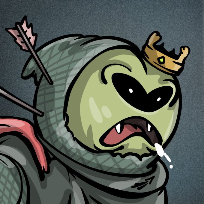 A cartoon illustration of a green zombie-like creature with a black heart-shaped mask, fangs, and a small golden crown on its head, with arrows stuck in its head and drool dripping from its mouth.