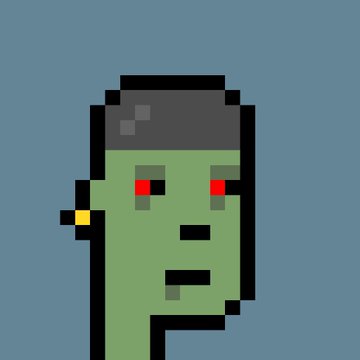 A pixel art illustration depicts a green-skinned zombie-like character with red eyes and a flat-top haircut against a gray background.