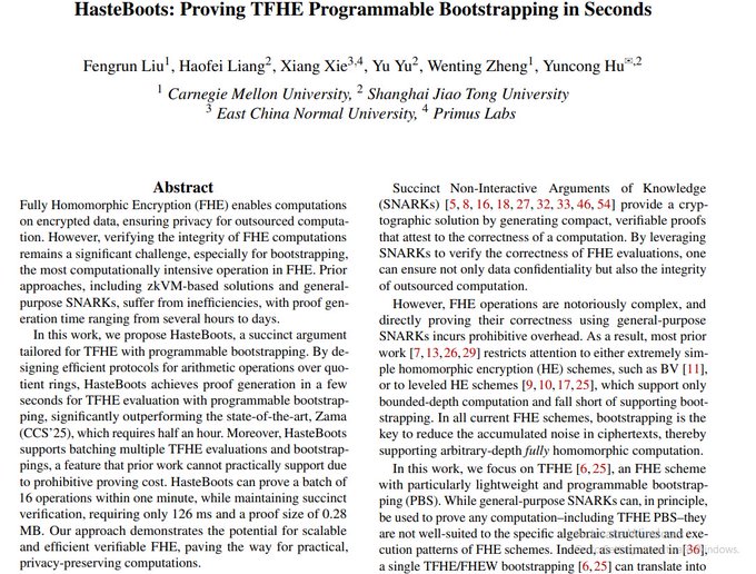 An academic paper titled 'HasteBoots: Proving TFHE Programmable Bootstrapping in Seconds' with an abstract section visible.