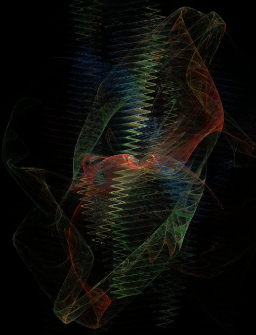 An abstract digital artwork featuring flowing, ribbon-like waves of color—primarily red, green, and blue—layered over vertical wavy line patterns against a solid black background.