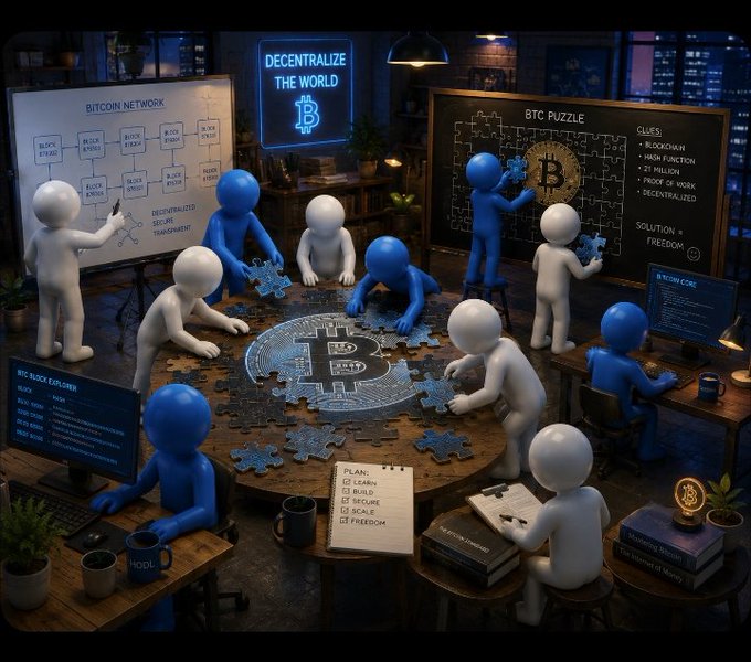 A 3D-rendered illustration depicts blue and white figurines gathered around a Bitcoin puzzle table, with a neon "DECENTRALIZE THE WORLD" sign and whiteboards detailing blockchain concepts.