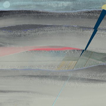 An abstract painting with layered horizontal bands of gray, black, and muted colors, accented with streaks of pink and yellow, featuring a thin dark diagonal line.