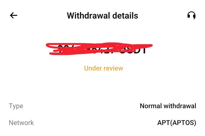 A mobile app screenshot showing a 'Withdrawal details' page with the amount redacted in red marker, status 'Under review', Type 'Normal withdrawal', and Network 'APT(APTOS)'.