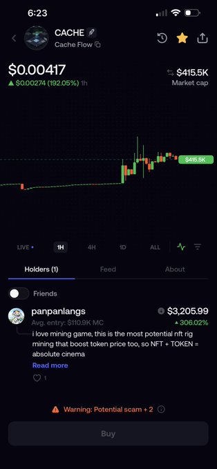 A mobile crypto tracking app showing the token "CACHE (Cache Flow)" at $0.00417 with a 192.05% gain, displaying a price chart, a holder's post about mining potential, and a "Potential scam + 2" warning.