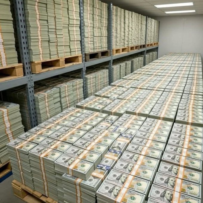 A warehouse filled with pallets stacked high with bundled US $100 bills.