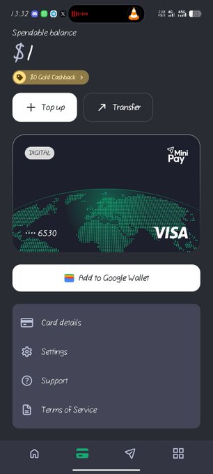 A mobile screenshot of a digital wallet app showing a spendable balance of $1, with a 'MiniPay' Visa digital card featuring card number ending in 6530 and an 'Add to Google Wallet' option.