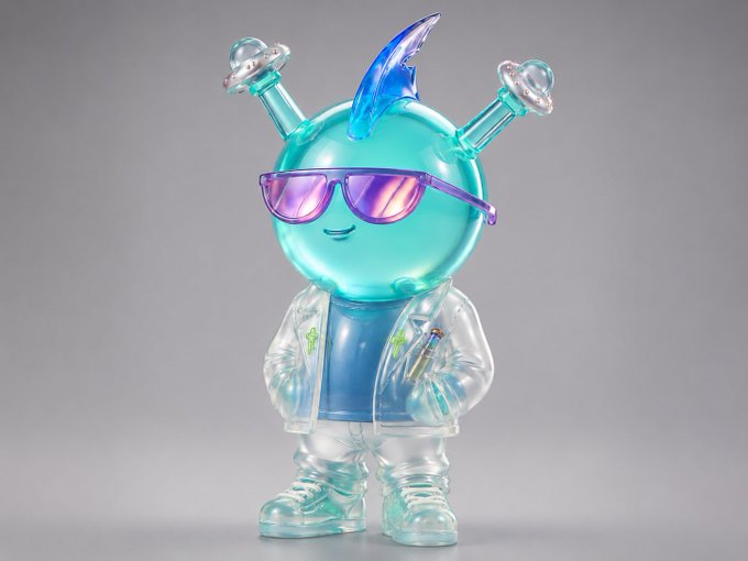 A translucent blue collectible art toy figure with antenna topped by clear spheres wears pink-tinted sunglasses, a clear lab coat, and sneakers.