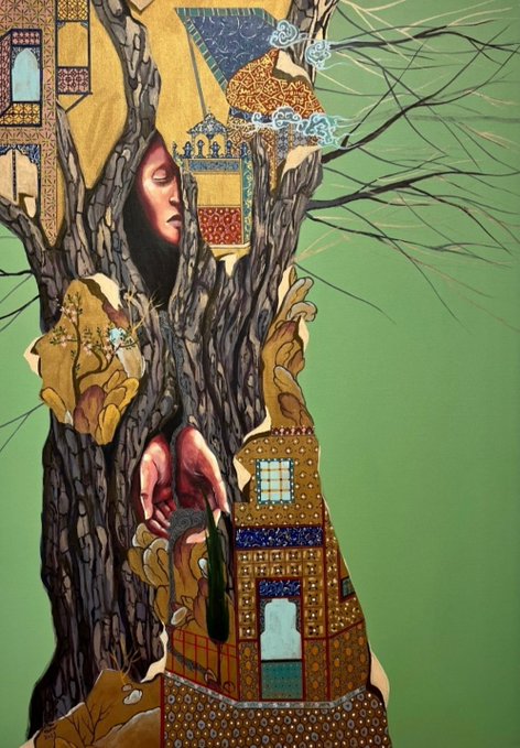 A surreal, colorful illustration depicting a human figure emerging from or merged with a tree trunk, with intricate architectural and decorative patterns incorporated into the tree's bark against a green background.