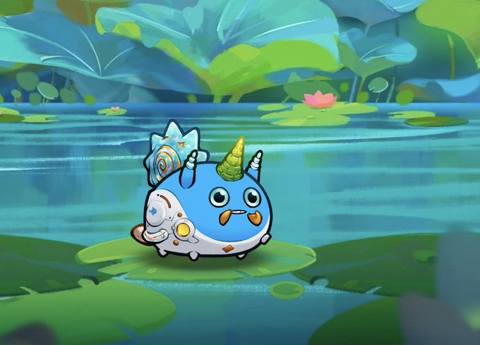 Cartoon illustration of a cute blue blob-shaped creature with horns and a spiral shell, holding a small character, standing on a lily pad in a serene pond.