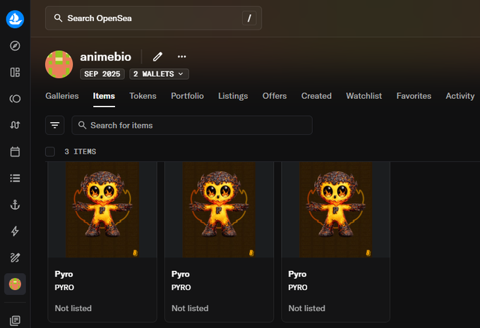 An OpenSea profile for "animebio" shows a collection of 3 items titled "Pyro PYRO", all marked as "Not listed", displayed against a dark interface with the Items tab selected.