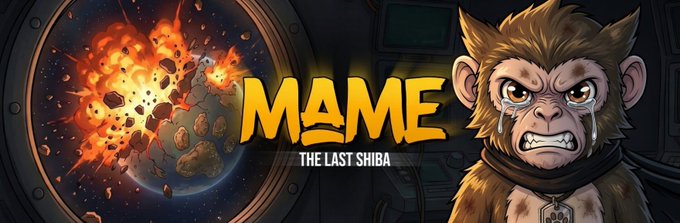 A cartoon monkey with a sad face, surrounded by fire, is featured in an illustration alongside a caption that reads "MAME The Last Shiba" above the monkey's head. Below the monkey and its captions are the words "200B", "250B", and "总". The image does not seem to have any direct connection with Mame, but it can possibly be related if the post is a link or part of a larger collection.