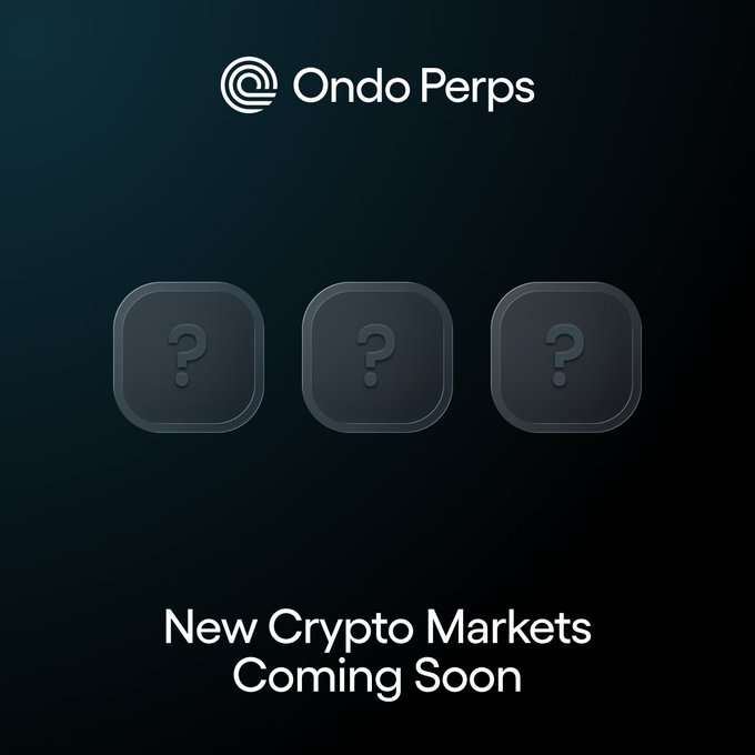A promotional teaser from "Ondo Perps" featuring three question mark icons, with text reading "New Crypto Markets Coming Soon," encouraging followers to suggest which crypto perpetual markets to launch first.