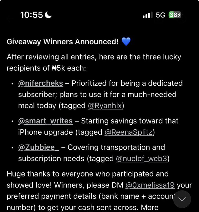 A screenshot of a Twitter/X post at 10:55 announcing giveaway winners, with three recipients (@nifercheks, @smart_writes, and @Zubbiee_) each receiving ₦5k, where the accompanying caption highlights the winners and instructs them to DM for their prizes.