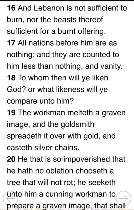 The image displays Bible verses Isaiah 40:16-20, which contrast God's incomparability with the futility of idol worship, reinforcing the caption's message that the true God is unlike ordinary people ("OGCRYPTO")—He is sovereign and not bound by human limitations.