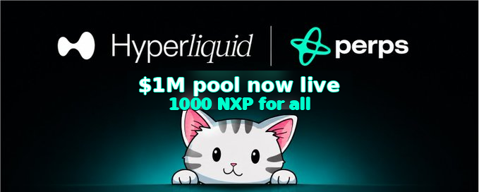 The image features a cartoon cat sitting on top of a wall with text written underneath it about a pool that just opened up for $1M reward pools, which are set up by Hyper Liquid and Persps companies. The caption below the image suggests that the pool is available for everyone to trade on.