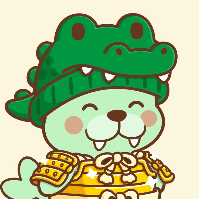 A cartoon illustration of a green seal-like character wearing a green crocodile hat and a yellow outfit with a bow, smiling with its eyes closed.