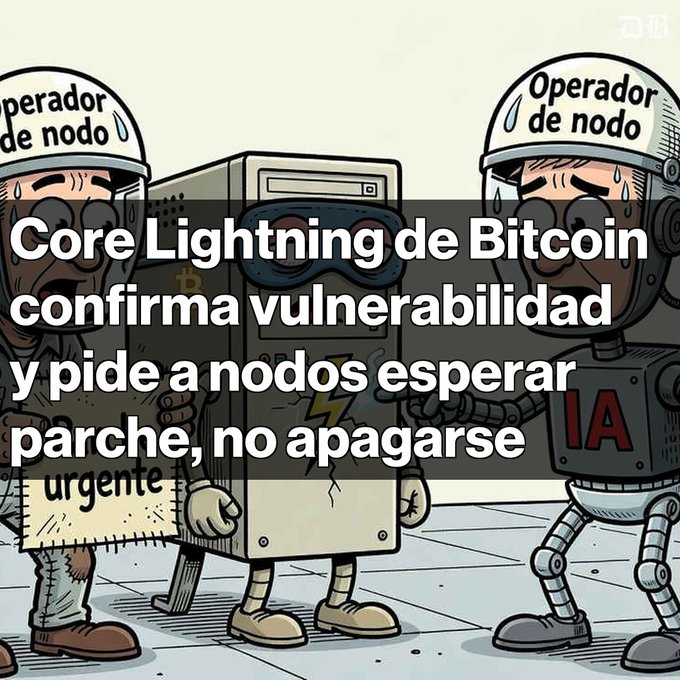 Cartoon image of distressed node operators labeled 'Operador de nodo' with Spanish text overlay: 'Core Lightning de Bitcoin confirma vulnerabilidad y pide a nodos esperar parche, no apagarse'.