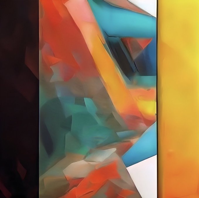 An abstract digital artwork featuring colorful geometric shapes in shades of red, orange, teal, and yellow.
