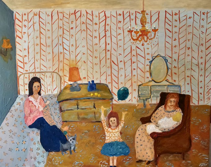 A naive-style painting depicting a domestic interior scene with three figures: a woman knitting on a bed, a child with raised arms in the center, and a seated woman holding a baby, set against red tree-patterned wallpaper.
