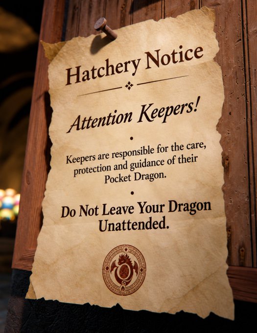 A 'Hatchery Notice' parchment poster addressing 'Attention Keepers!', stating they are responsible for the care, protection and guidance of their Pocket Dragon, and instructing 'Do Not Leave Your Dragon Unattended'.