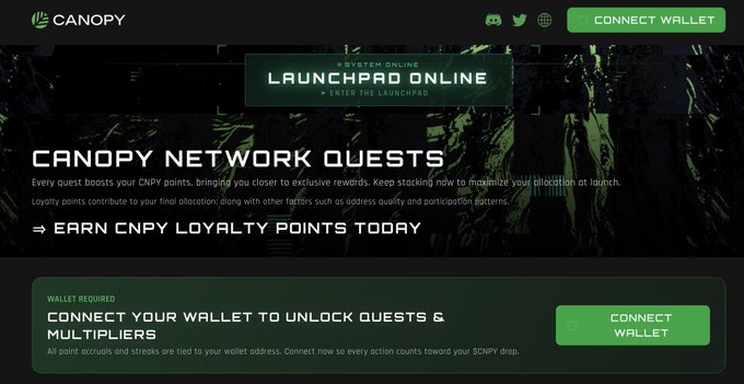 The image shows the Canopy Network (CNPY) website featuring a "Launchpad Online" banner and "Canopy Network Quests" section, promoting the ability to earn CNPY loyalty points by connecting a wallet. The dark green themed interface displays a "Connect Wallet" button prominently, highlighting the platform's approach of requiring user participation to demonstrate organic demand for their launchpad, aligning with the post's emphasis on proving real engagement rather than launching empty chains.
