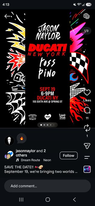 An Instagram story screenshot for an event 'JASON NAYLOR X DUCATI NEW YORK toss pino' happening on 'SEPT 19, 6-9PM DUCATI NY, 155 SIXTH AVE @ SPRING ST'.
