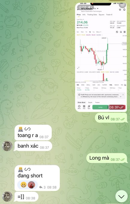 The image shows two text messages being sent by two people who are located in different countries. The message from person A reads "So, no miracle happened My bro flipped the script on big bro Elon Musk Opening a short on $SPCX right at that green candle tree would’ve been perfect kkk Wishing you smooth legs and unlucky butterflies". This message is sent by person B to person A who lives in Vietnam. The other message from person A reads "Long ma, 08:37". The two messages are written in different languages, with one being Vietnamese and the other being English.