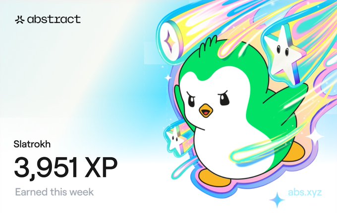 The image features a cartoon penguin with green and white feathers standing upright on its hind legs holding a star in one hand and a rainbow-colored explosion in the other, surrounded by colorful stars. The background of the image has a blue sky with a bright sun shining down on it. In the bottom right corner of the image, there is text that reads "I just earned 3,951 XP on @AbstractChain Not bad for this week." This suggests that someone has been playing an online game and has gained XP points by completing tasks or achieving certain goals in the game.