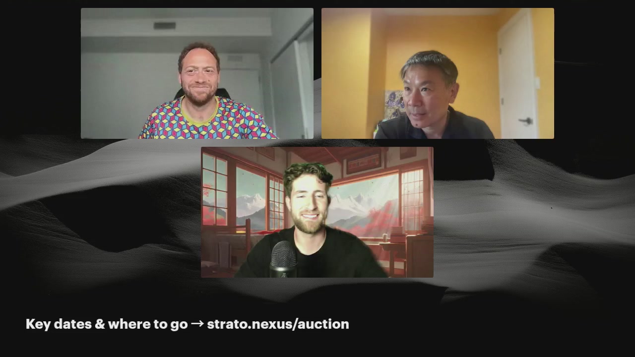 The image shows three men sitting behind a computer screen with their faces displayed on the monitor. They appear to be engaged in a video call, possibly discussing something related to the auction phase of a space. The background features a picture of a mountain landscape, which adds an interesting visual element to the scene.
