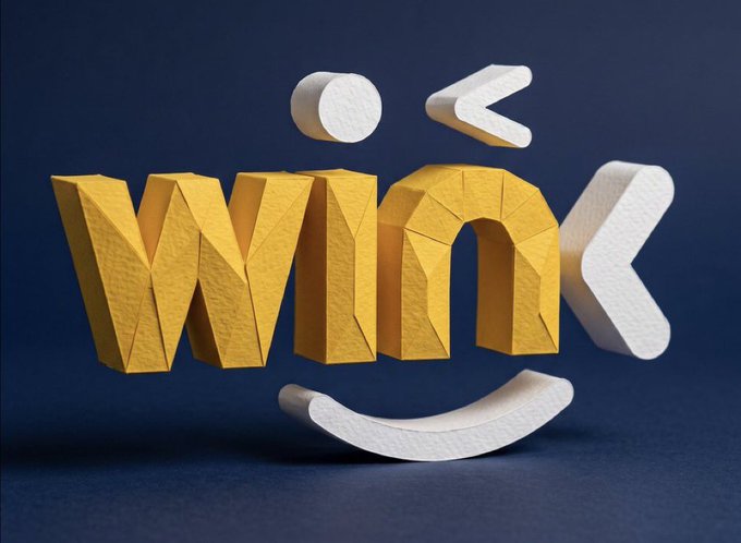 A 3D paper-style logo of Wink (a former smart TV streaming device brand), featuring yellow block letters 'WIN' and white shapes forming a smiley face design on a dark blue background.
