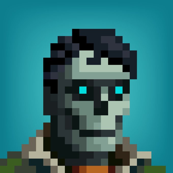 A pixel art portrait of a character with blue glowing eyes and dark hair set against a teal background, with their face partially obscured by blocky shading.